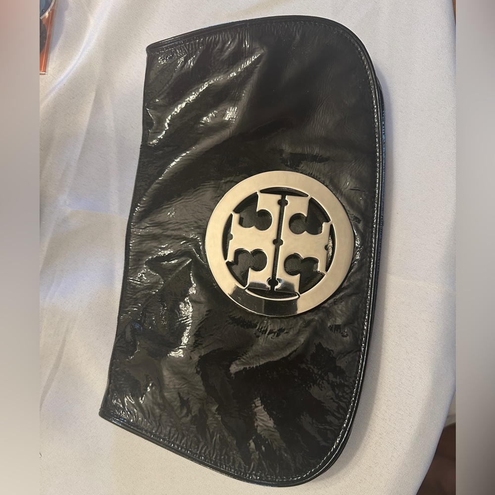 Tory Burch black patent leather clutch with silver